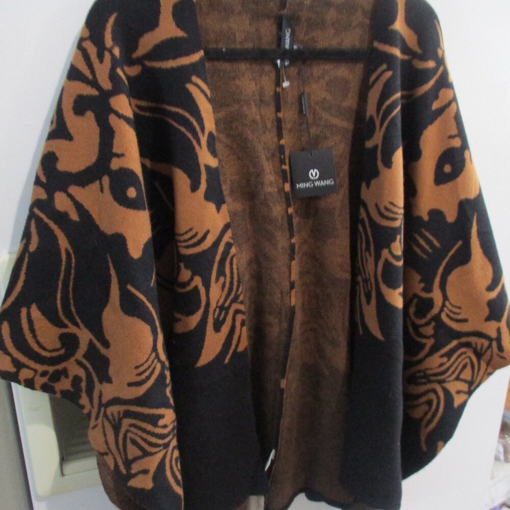 Ming Wang Shawl Sweater Wrap Womens One Size Black Brown Cape Poncho Soft new